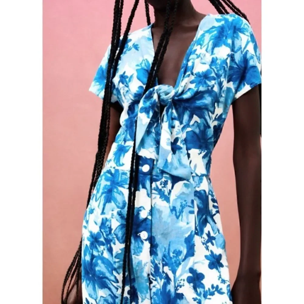 ZARA Floral Print Jumpsuit Blue V-Neck Linen Size XS/ excellent